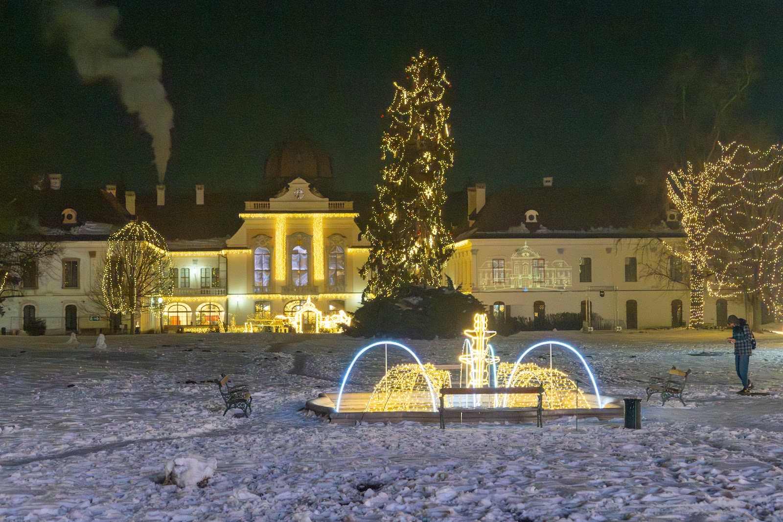 The Royal Palace of Gödöllő lit at night with an illuminated tree and a lit fountain in the forecourt