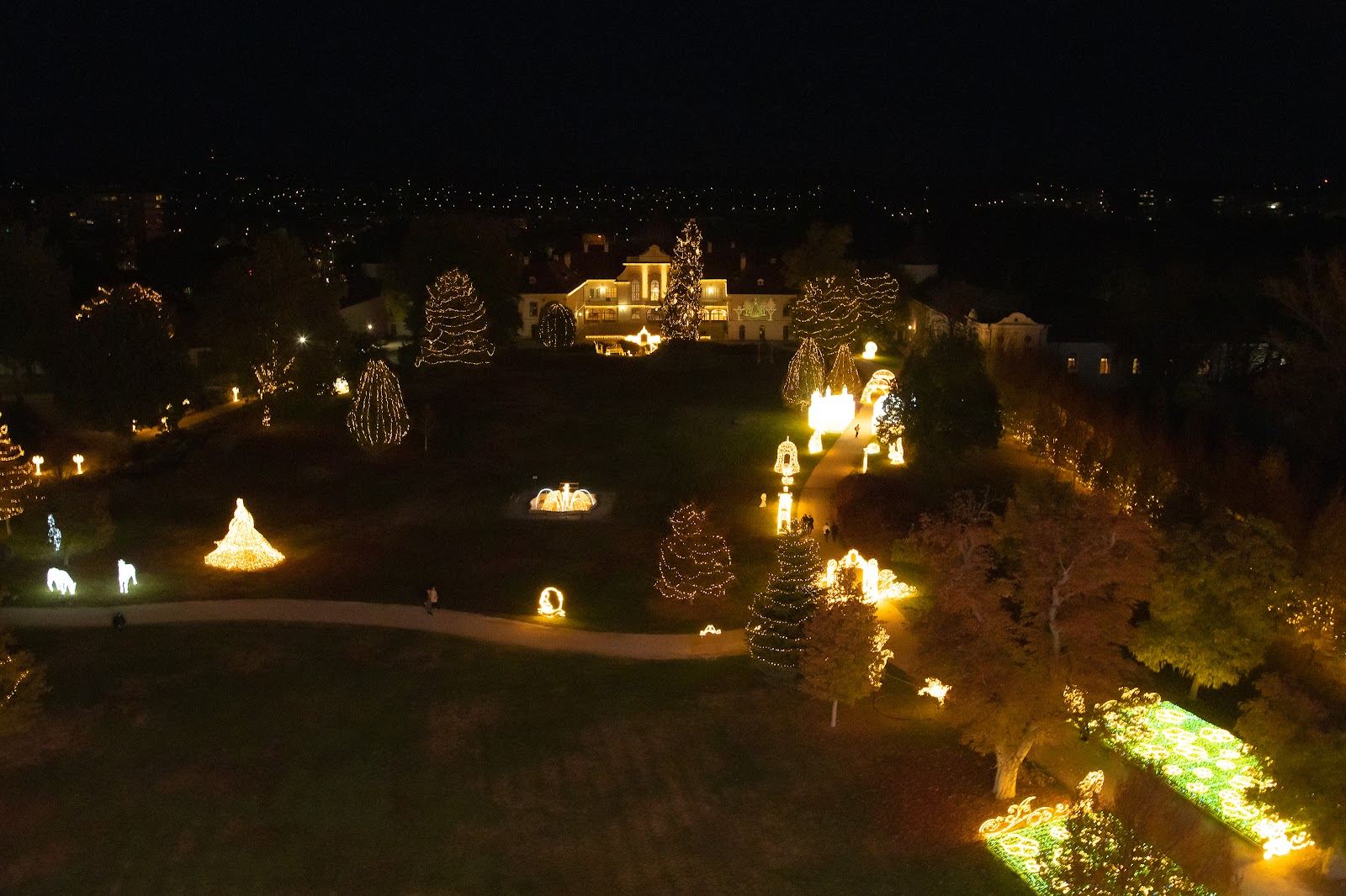 Aerial view of the night light park with a palace in the background